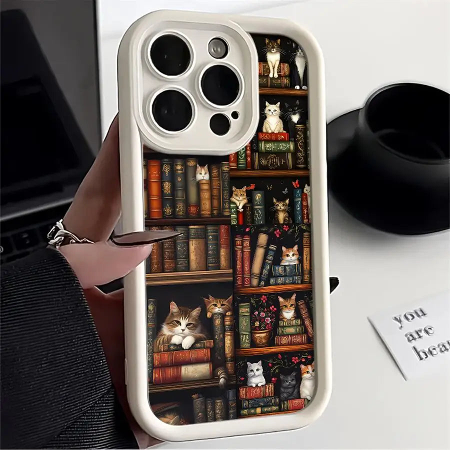 Vintage Bookshelf & Kitten Phone Case for iPhone 16/15/14/13/12 Pro Max - Soft Cover Style!