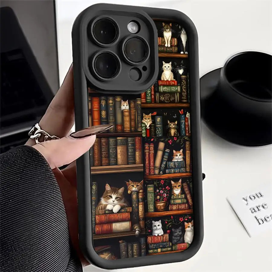 Vintage Bookshelf & Kitten Phone Case for iPhone 16/15/14/13/12 Pro Max - Soft Cover Style!