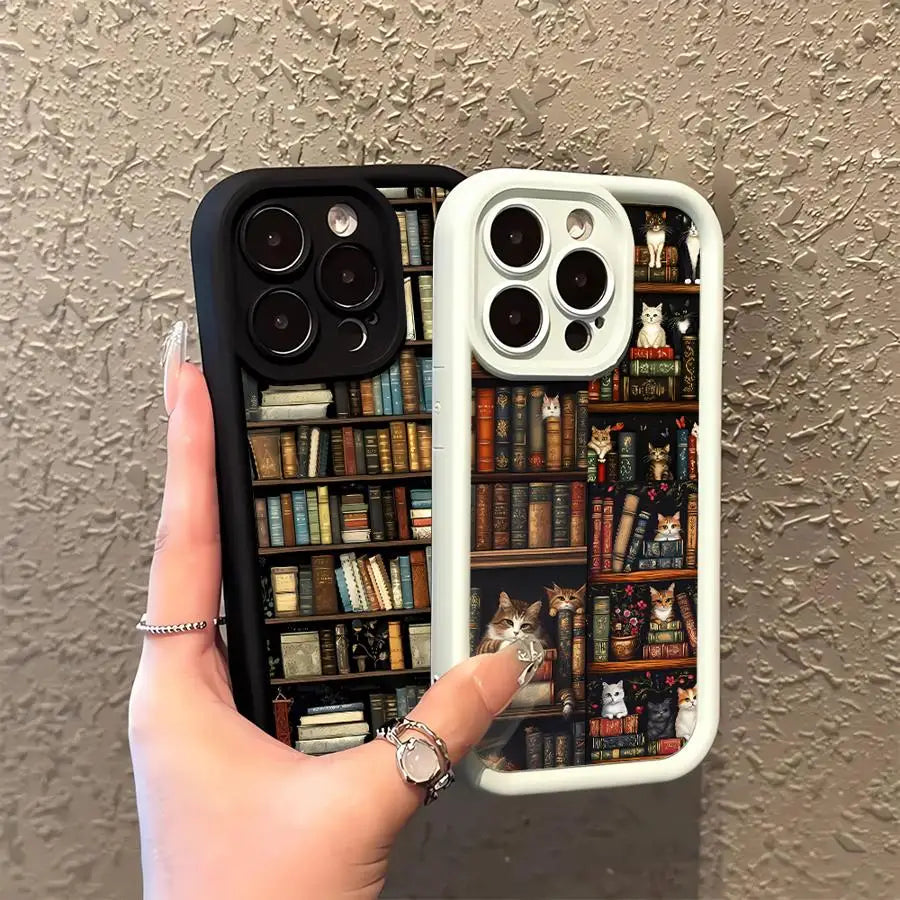 Vintage Bookshelf & Kitten Phone Case for iPhone 16/15/14/13/12 Pro Max - Soft Cover Style!