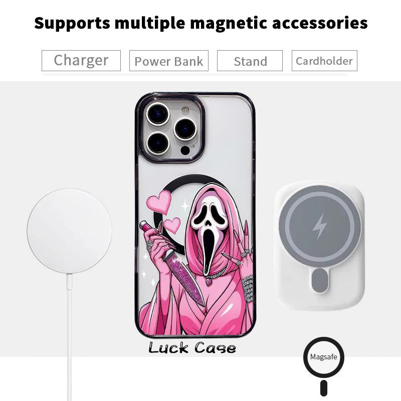 Magnetic Phone Case Supports Wireless Charging for Iphone 16 Pro Max 15 plus 14 13 12 11 XS XR E Halloween Pink Horror Love Pattern Shockproof Soft Silicone Transparent Cover Cellphone Protective