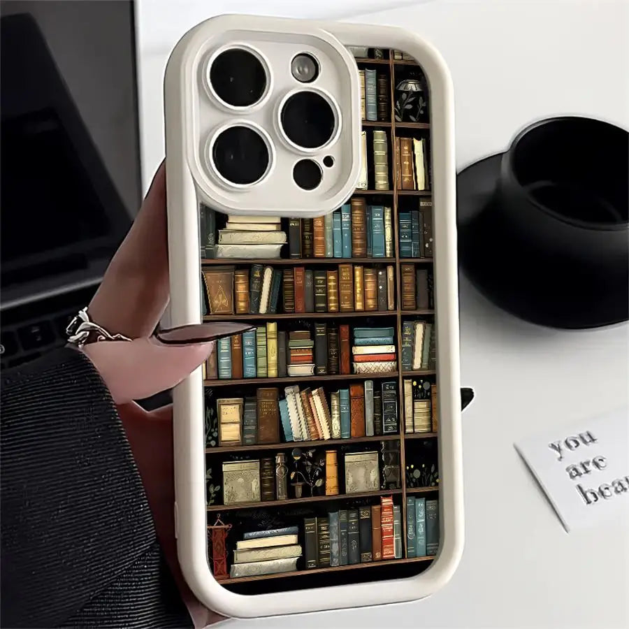 Vintage Bookshelf & Kitten Phone Case for iPhone 16/15/14/13/12 Pro Max - Soft Cover Style!