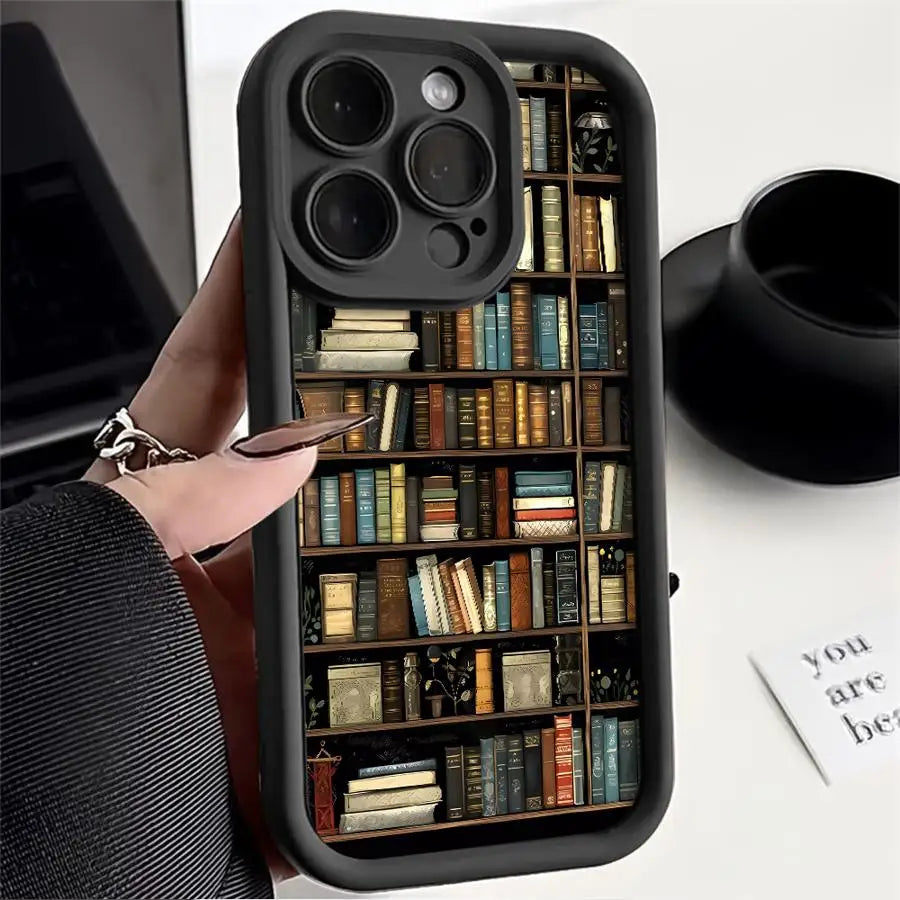 Vintage Bookshelf & Kitten Phone Case for iPhone 16/15/14/13/12 Pro Max - Soft Cover Style!