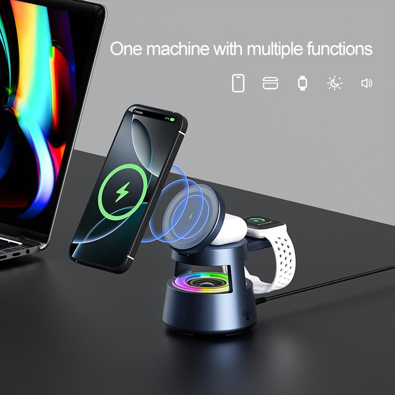 5-In-1 Wireless Charging Station with Bluetooth Speaker, Night Light, 360° Stereo Sound, Wireless Charger Speaker, Magsafe Fast Charger, and Phone Stand – 33W Adapter Included – Compatible with Iphone 16/15/14/13 Series & Earbuds & Apple Watch Gif
