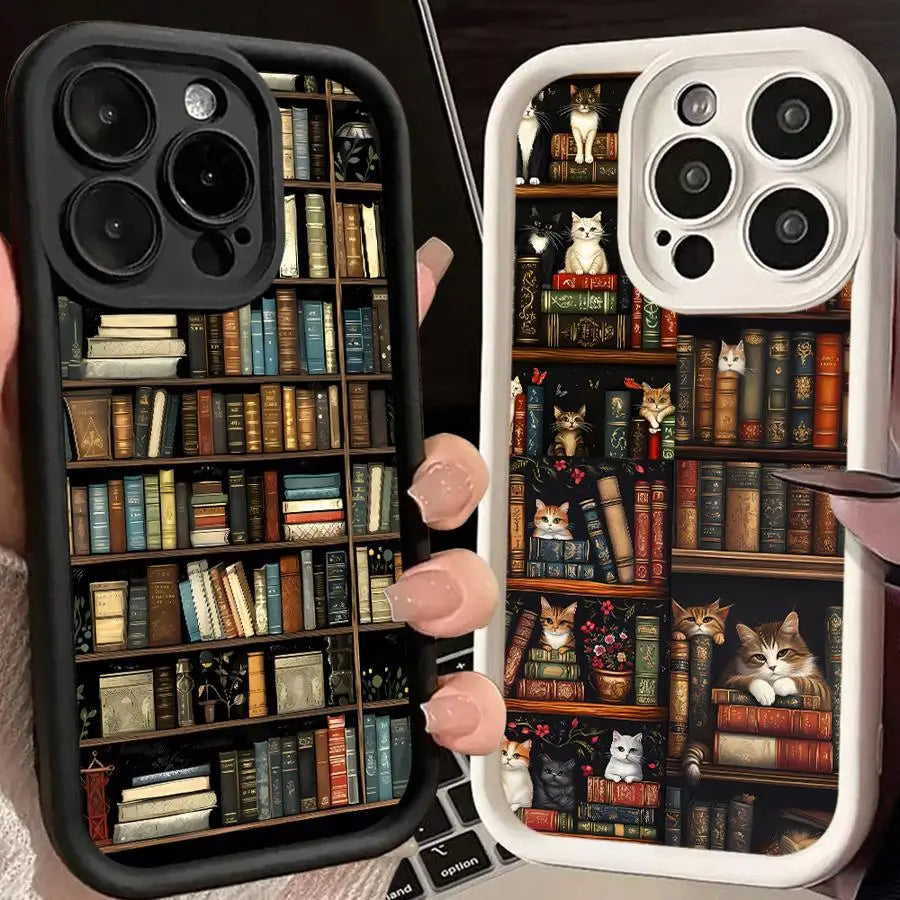 Vintage Bookshelf & Kitten Phone Case for iPhone 16/15/14/13/12 Pro Max - Soft Cover Style!