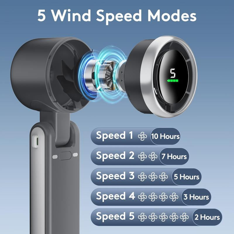 Portable Handheld Mini Fan, Long Battery Life Foldable Powerful Wind Turbine Fan, USB Rechargeable Personal Fan, 5-Speed Wind Speed, Digital Display, Suitable for Women Men Travelling Camping Outdoor (Black) Cooling Fast Bottle Water