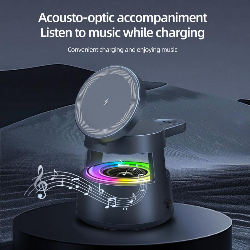 5-In-1 Wireless Charging Station with Bluetooth Speaker, Night Light, 360° Stereo Sound, Wireless Charger Speaker, Magsafe Fast Charger, and Phone Stand – 33W Adapter Included – Compatible with Iphone 16/15/14/13 Series & Earbuds & Apple Watch Gif