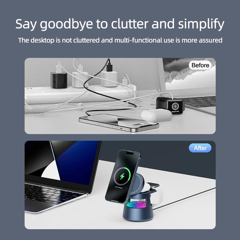 5-In-1 Wireless Charging Station with Bluetooth Speaker, Night Light, 360° Stereo Sound, Wireless Charger Speaker, Magsafe Fast Charger, and Phone Stand – 33W Adapter Included – Compatible with Iphone 16/15/14/13 Series & Earbuds & Apple Watch Gif