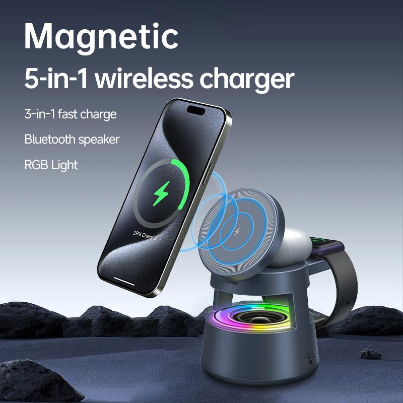5-In-1 Wireless Charging Station with Bluetooth Speaker, Night Light, 360° Stereo Sound, Wireless Charger Speaker, Magsafe Fast Charger, and Phone Stand – 33W Adapter Included – Compatible with Iphone 16/15/14/13 Series & Earbuds & Apple Watch Gif