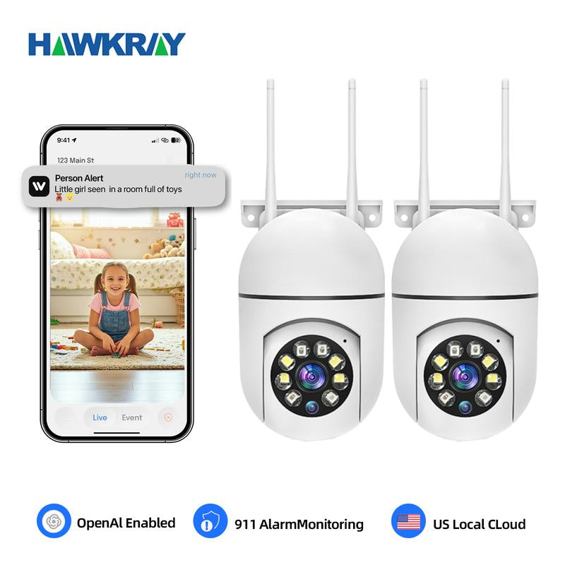 Hawkray AI Intelligent Surveillance Camera 911 Alarm Easy Install Quick Setup Full Color Night Vision Two Way Audio Motion Detection Security System Openai Enabled Professional Alarm Monitoring US Local Cloud - Installation