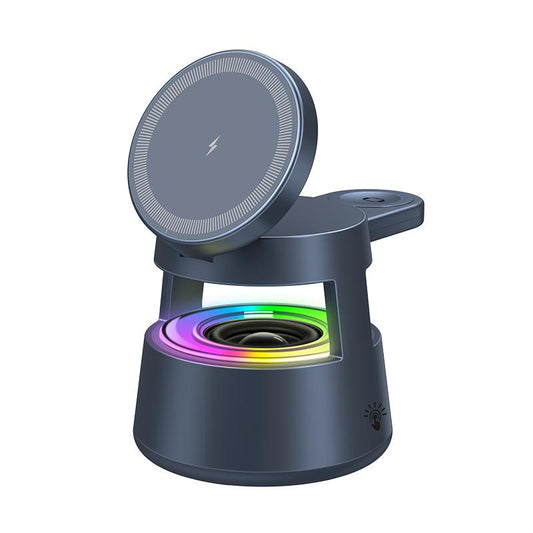5-In-1 Wireless Charging Station with Bluetooth Speaker, Night Light, 360° Stereo Sound, Wireless Charger Speaker, Magsafe Fast Charger, and Phone Stand – 33W Adapter Included – Compatible with Iphone 16/15/14/13 Series & Earbuds & Apple Watch Gif